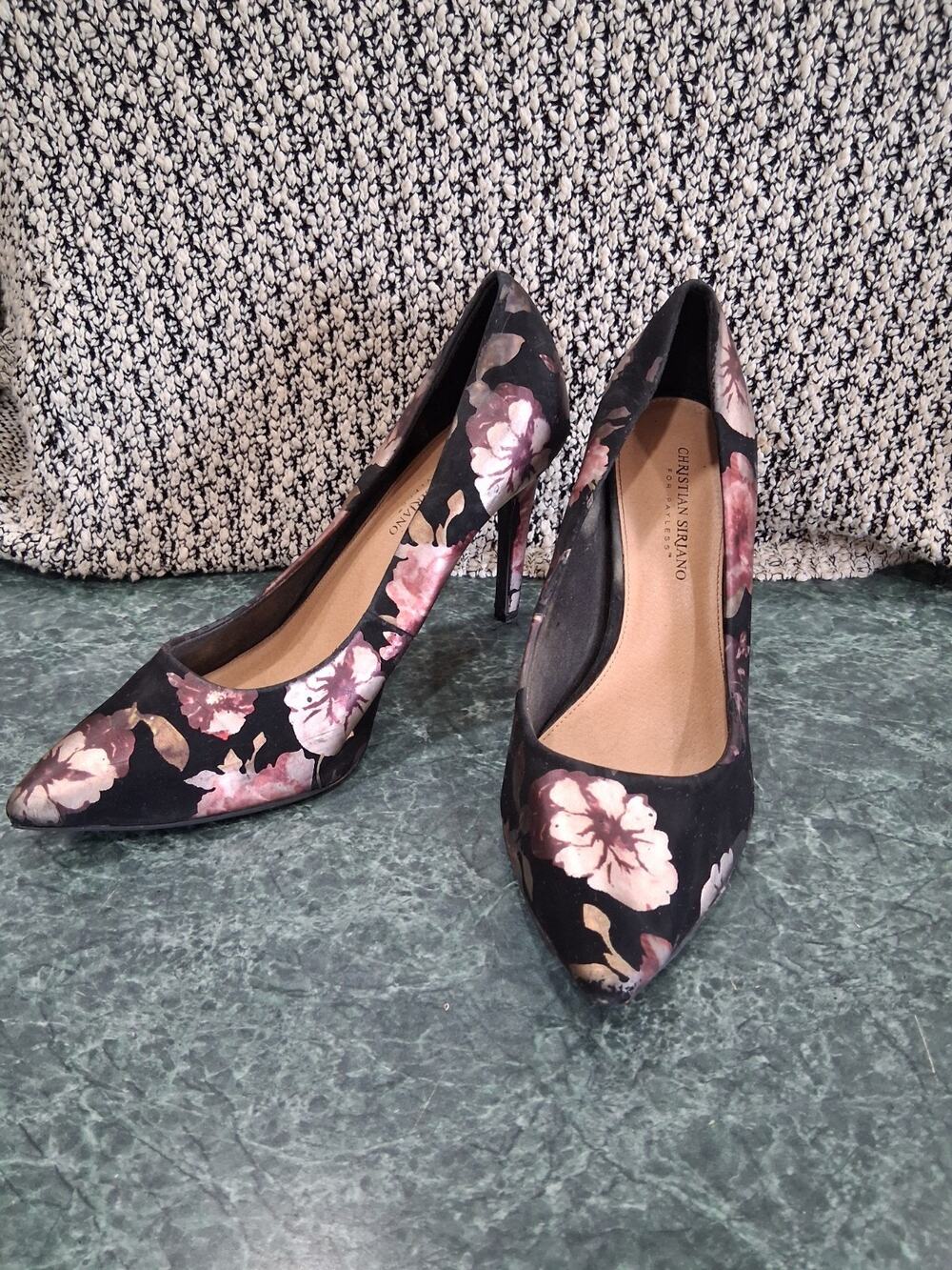 Christian Siriano Classic Floral Pumps High Heels Size 11W Black Pink FLAW